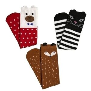 Girls Animal Socks Bear Cat Fox 3 Pair of Over the Calf Socks